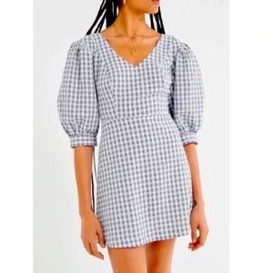 Urban Outfitters UO Lena Gingham Puff Sleeve Mini Dress Size Small Blue White